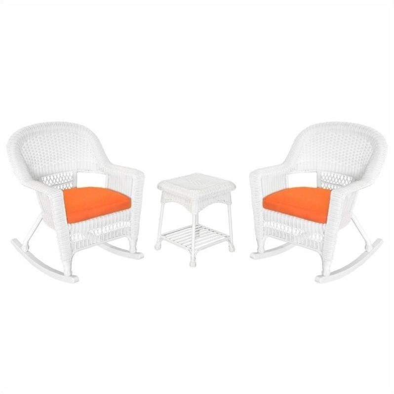 Jeco 3 Piece Rocker Wicker Chair Set in White with Orange Cushion