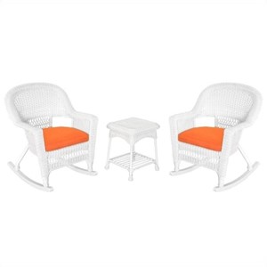 Jeco 3 Piece Rocker Wicker Chair Set in White with Orange Cushion