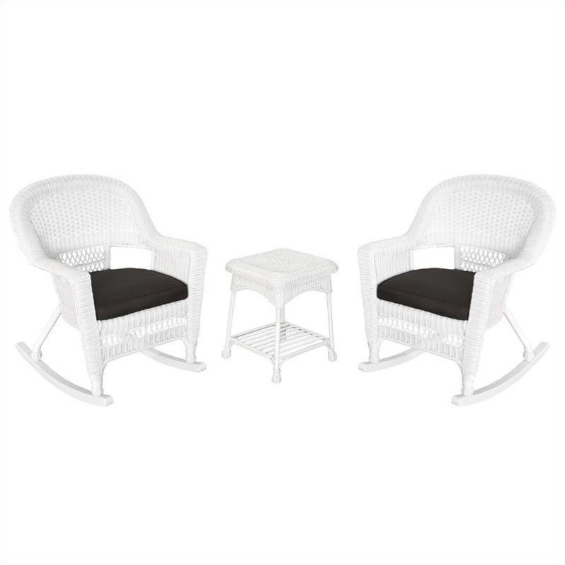Jeco 3pc Rocker Wicker Chair Set in White with Black Cushion