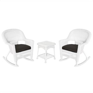 Jeco 3pc Rocker Wicker Chair Set in White with Black Cushion
