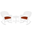 Jeco 3pc Rocker Wicker Chair Set in White with Red Cushion
