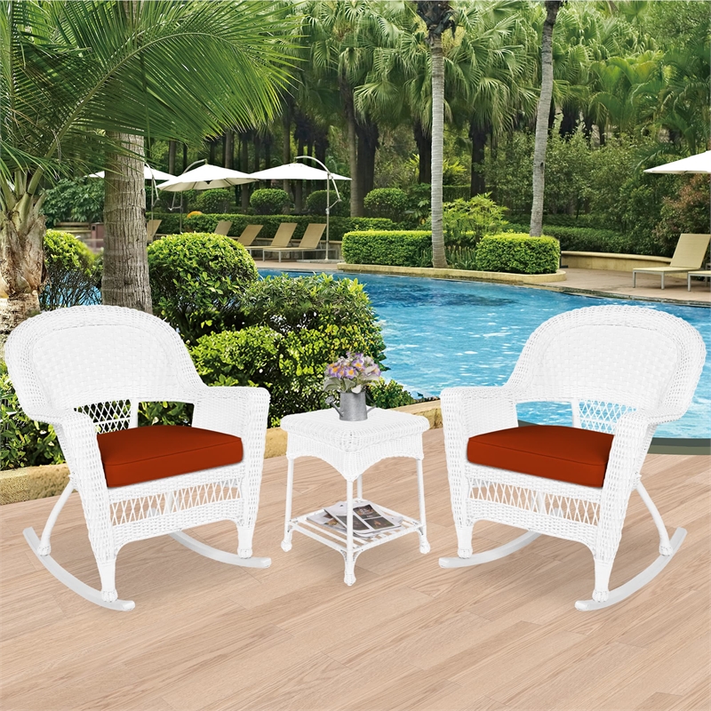 Jeco 3pc Rocker Wicker Chair Set in White with Red Cushion