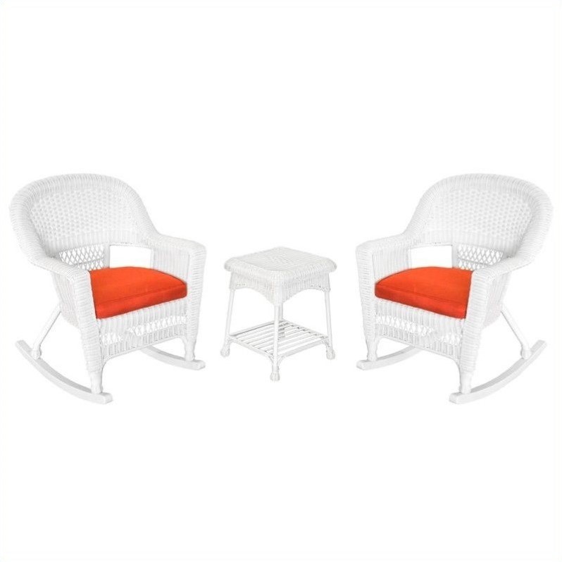 Jeco 3pc Rocker Wicker Chair Set in White with Red Cushion