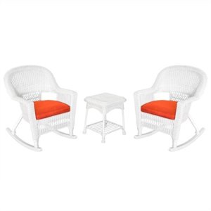 Jeco 3pc Rocker Wicker Chair Set in White with Red Cushion