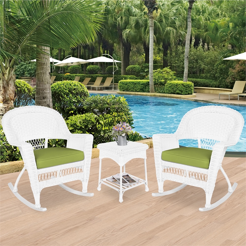 Jeco 3pc Rocker Wicker Chair Set in White with Green Cushion