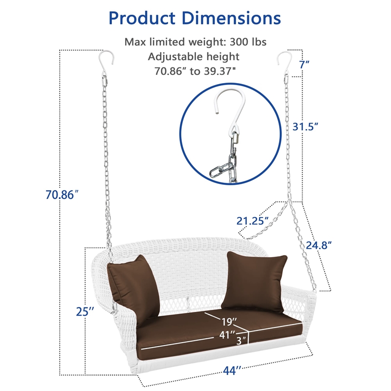 Jeco Wicker Porch Swing in White with Brown Cushion