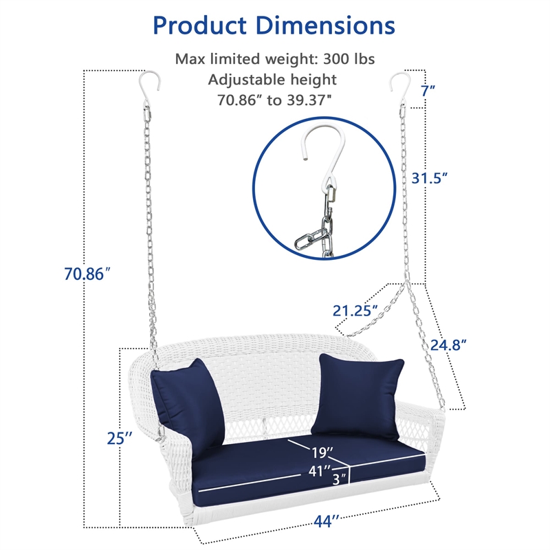 Jeco Wicker Porch Swing in White with Blue Cushion