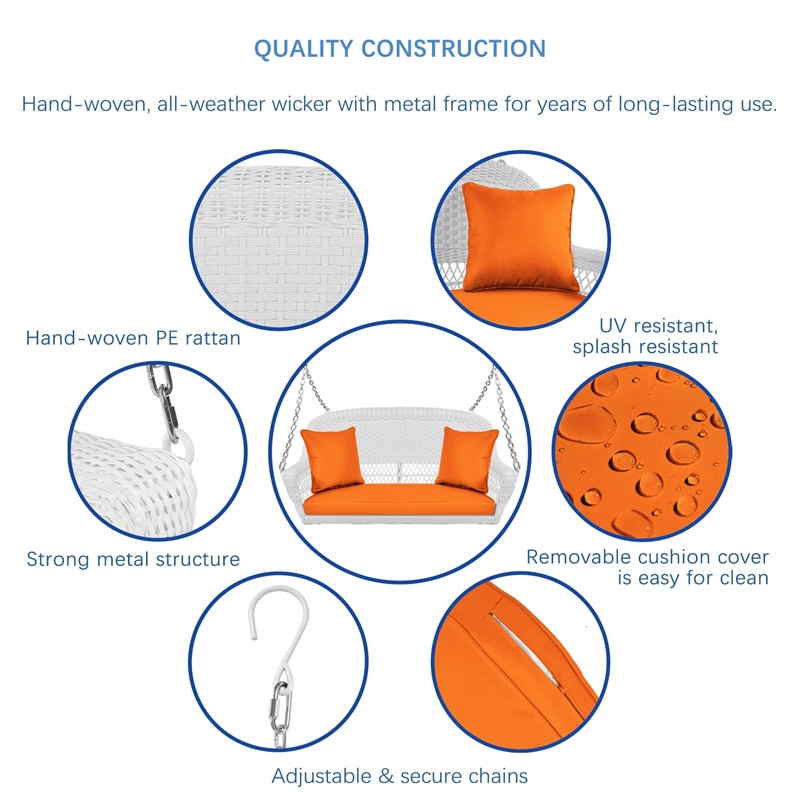 Jeco Wicker Porch Swing in White with Orange Cushion