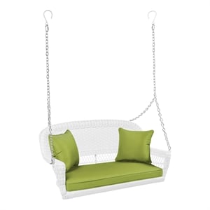 Jeco Wicker Porch Swing in White with Green Cushion