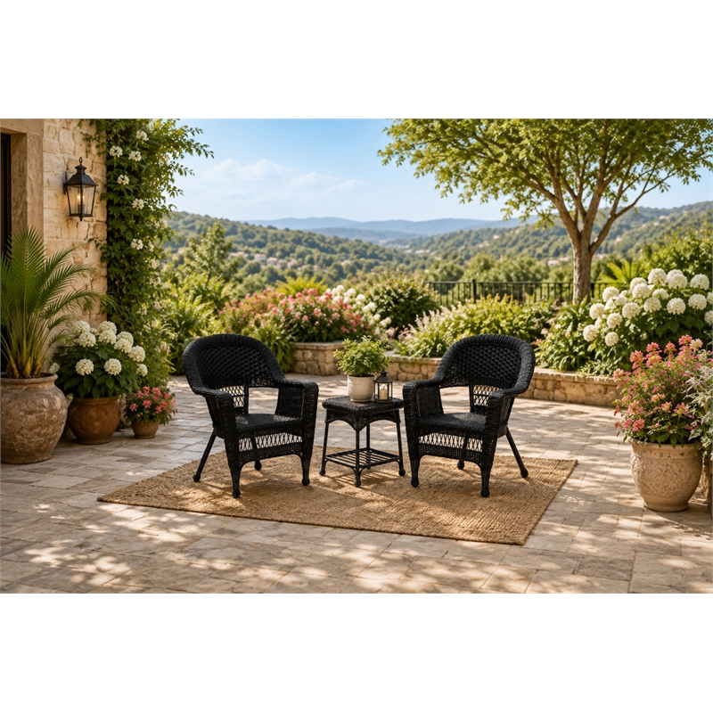 Black Resin Wicker Chair And End Table Set Without Cushion- 3pc Set