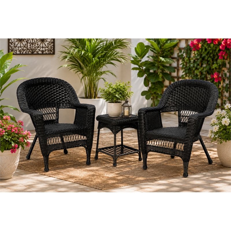 Black Resin Wicker Chair And End Table Set Without Cushion- 3pc Set
