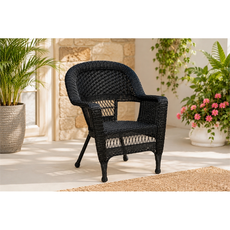 Black Resin Wicker Chair And End Table Set Without Cushion- 3pc Set