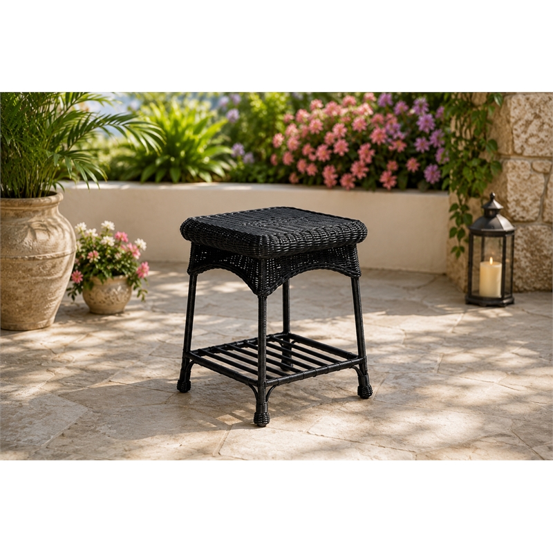 Black Resin Wicker Chair And End Table Set Without Cushion- 3pc Set