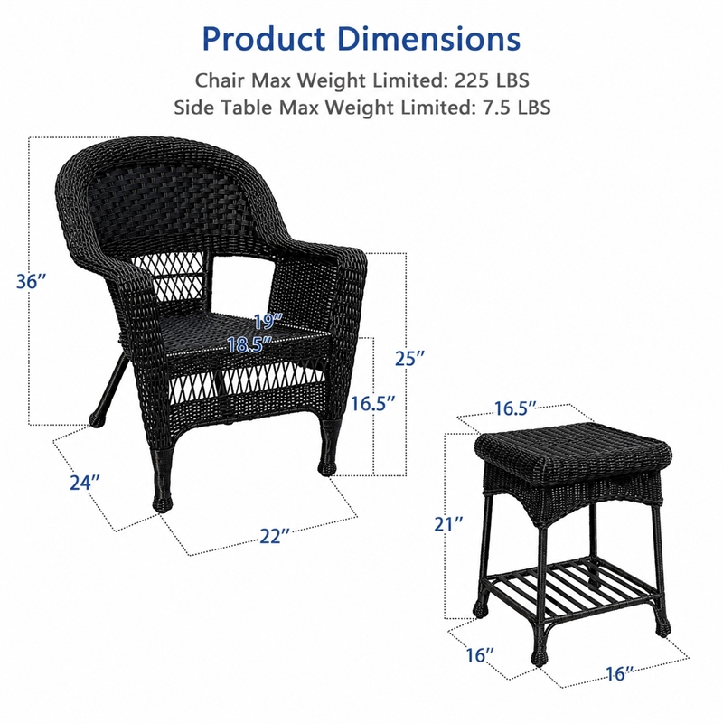 Black Resin Wicker Chair And End Table Set Without Cushion- 3pc Set