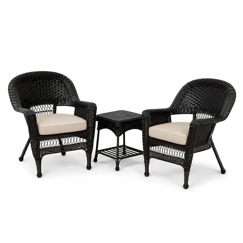 Black Resin Wicker Chair And End Table Set With Tan Cushion- 3pc Set