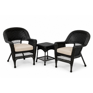 Black Resin Wicker Chair And End Table Set With Tan Cushion- 3pc Set