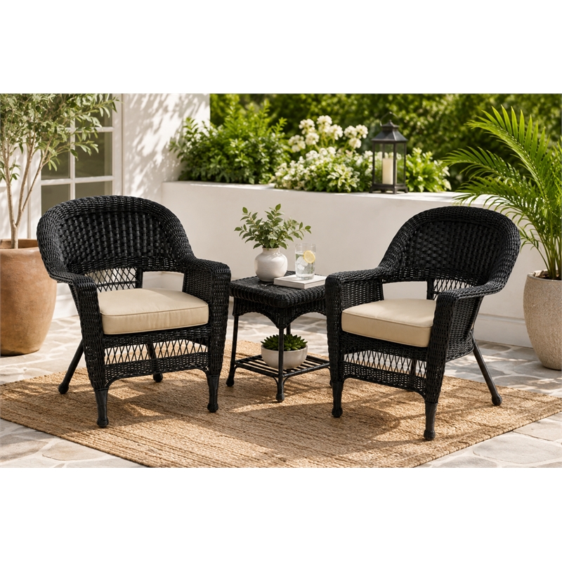 Black Resin Wicker Chair And End Table Set With Tan Cushion- 3pc Set