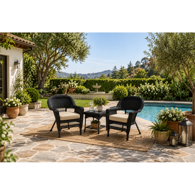 Black Resin Wicker Chair And End Table Set With Tan Cushion- 3pc Set