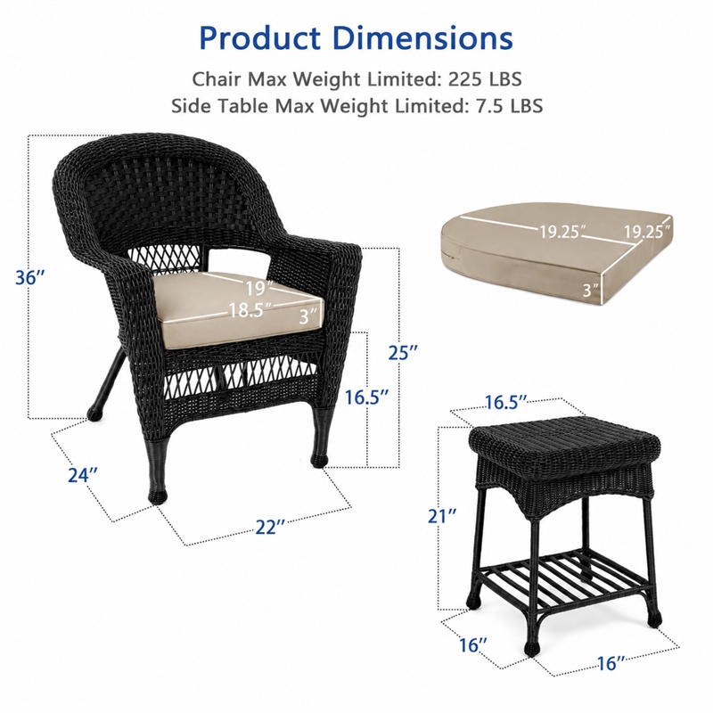 Black Resin Wicker Chair And End Table Set With Tan Cushion- 3pc Set