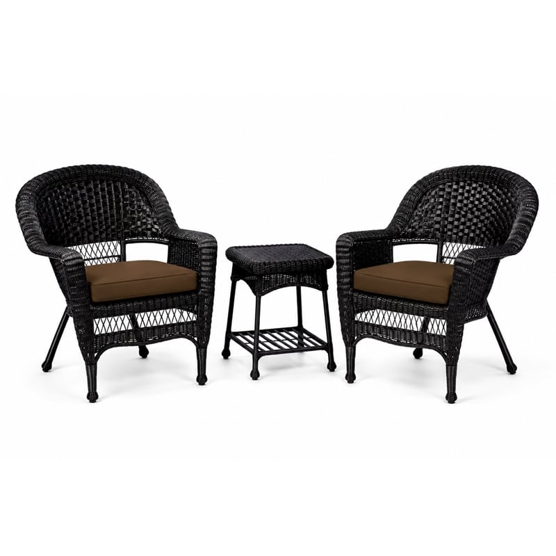 Black Resin Wicker Chair And End Table Set With Brown Cushion - 3pc Set