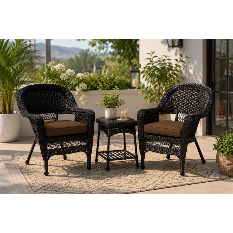 Black Resin Wicker Chair And End Table Set With Brown Cushion - 3pc Set