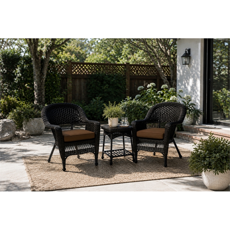 Black Resin Wicker Chair And End Table Set With Brown Cushion - 3pc Set