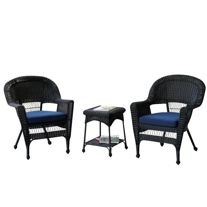 Jeco 3 Piece Wicker Conversation Set in Black with Blue Cushions