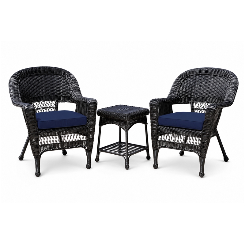 Black Resin Wicker Chair And End Table Set With Midnight Blue Cushion- 3pc Set