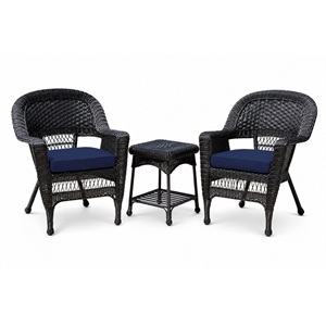 Black Resin Wicker Chair And End Table Set With Midnight Blue Cushion- 3pc Set