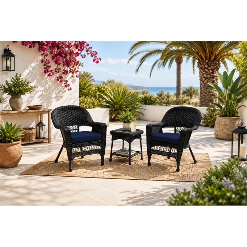 Black Resin Wicker Chair And End Table Set With Midnight Blue Cushion- 3pc Set