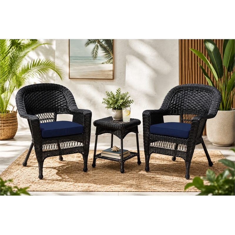 Black Resin Wicker Chair And End Table Set With Midnight Blue Cushion- 3pc Set