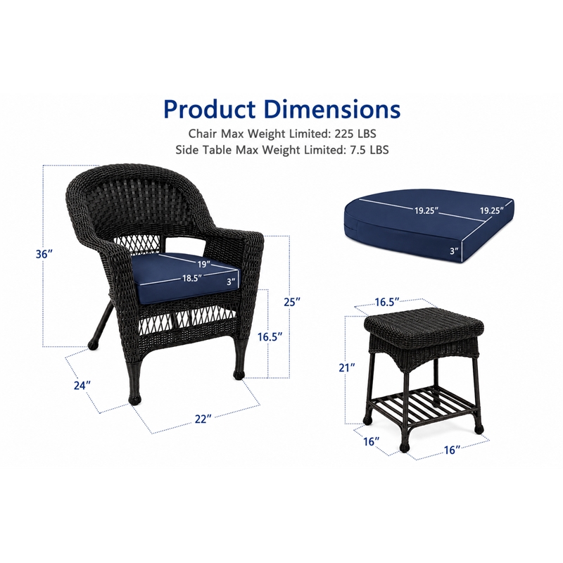 Black Resin Wicker Chair And End Table Set With Midnight Blue Cushion- 3pc Set