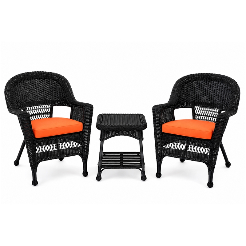 Black Resin Wicker Chair And End Table Set - With Orange Cushion