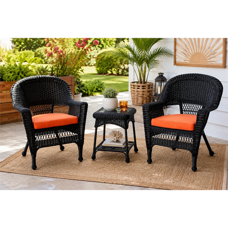 Black Resin Wicker Chair And End Table Set - With Orange Cushion