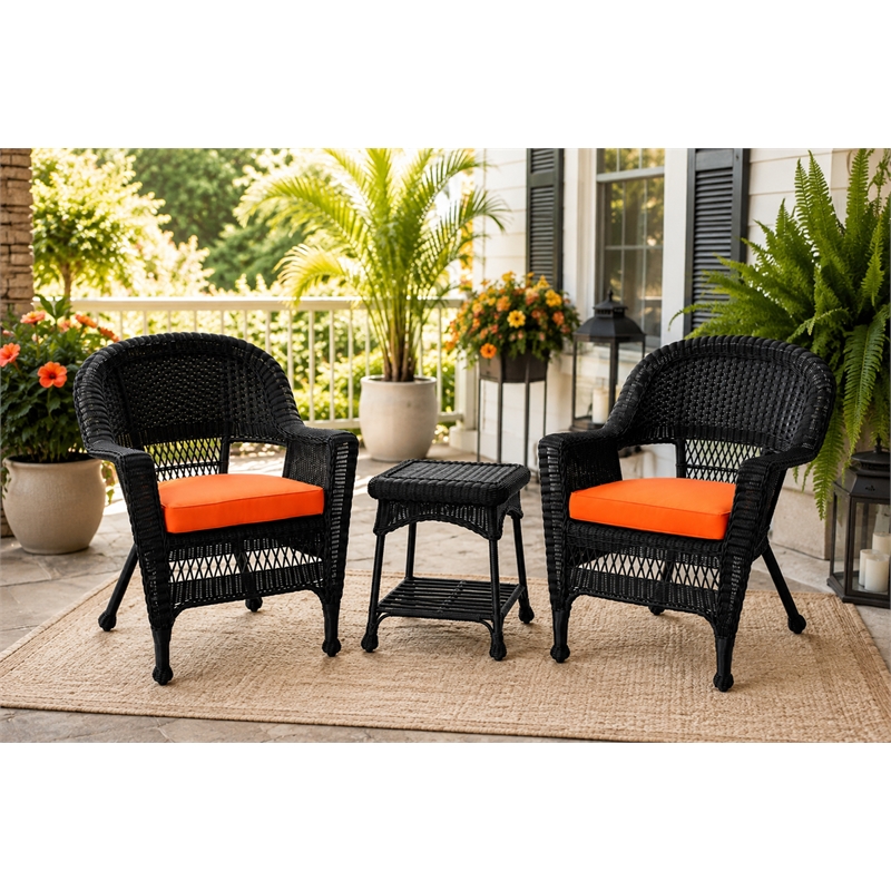 Black Resin Wicker Chair And End Table Set - With Orange Cushion