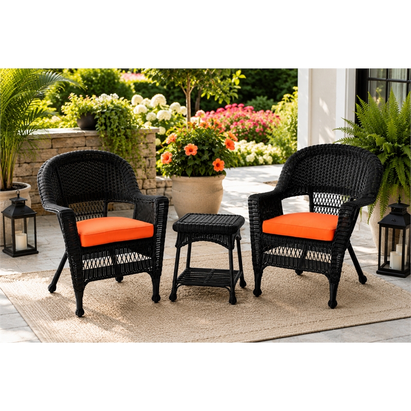 Black Resin Wicker Chair And End Table Set - With Orange Cushion
