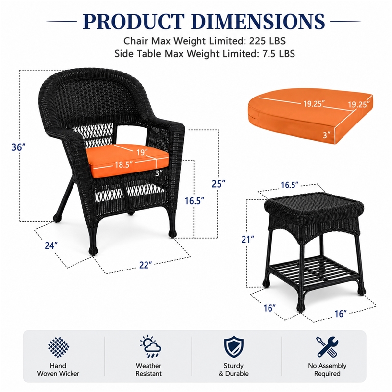 Black Resin Wicker Chair And End Table Set - With Orange Cushion