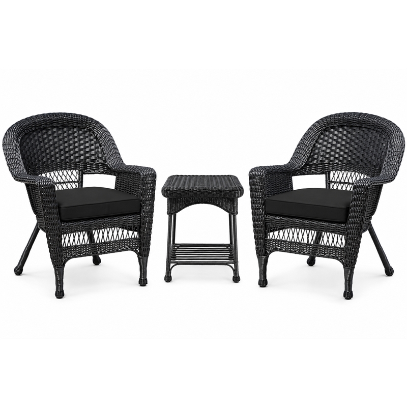 Black Resin Wicker Chair And End Table Set With Black Cushion- 3pc Set
