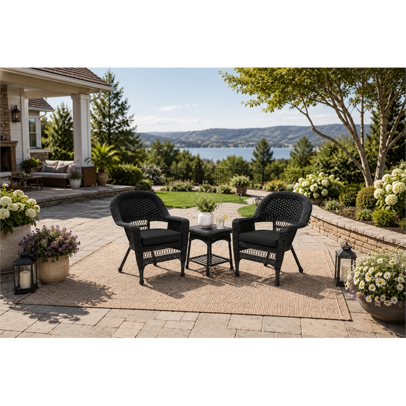 Black Resin Wicker Chair And End Table Set With Black Cushion- 3pc Set