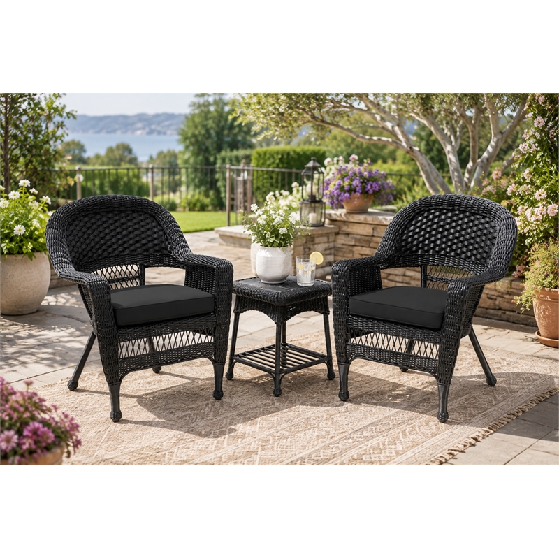 Black Resin Wicker Chair And End Table Set With Black Cushion- 3pc Set