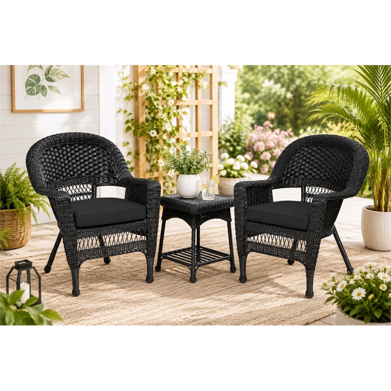 Black Resin Wicker Chair And End Table Set With Black Cushion- 3pc Set