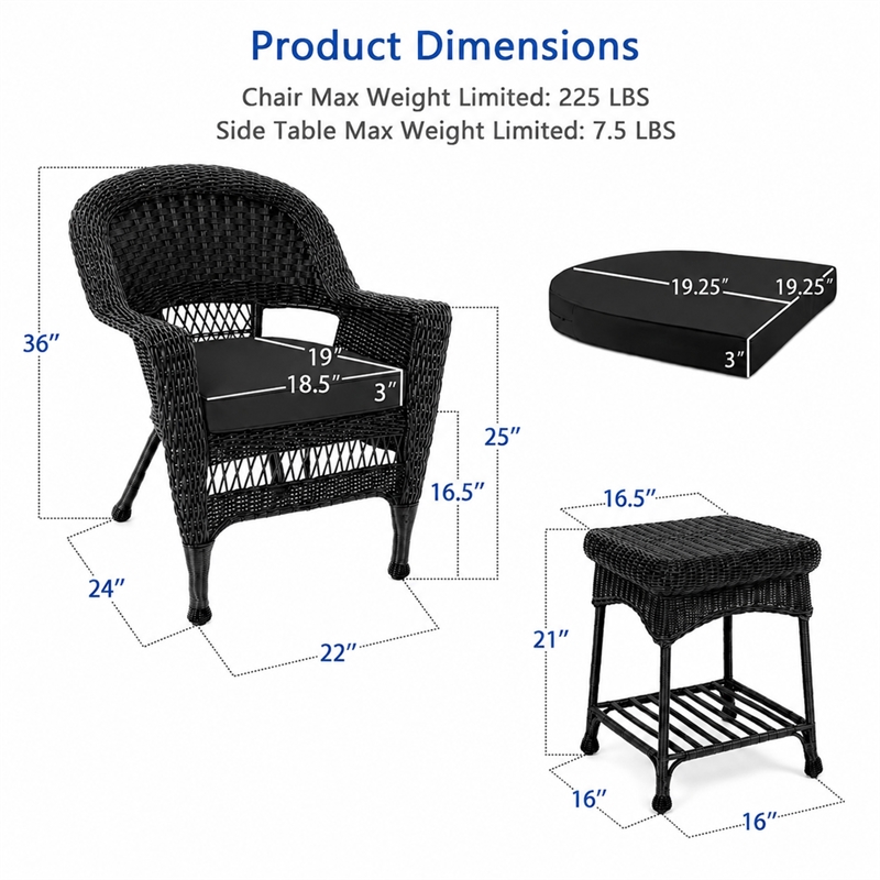 Black Resin Wicker Chair And End Table Set With Black Cushion- 3pc Set