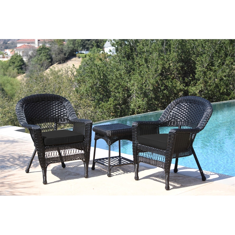 Jeco 3 Piece Wicker Conversation Set with Black Cushions