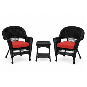Black Resin Wicker Chair And End Table Set - With Brick Red Cushion