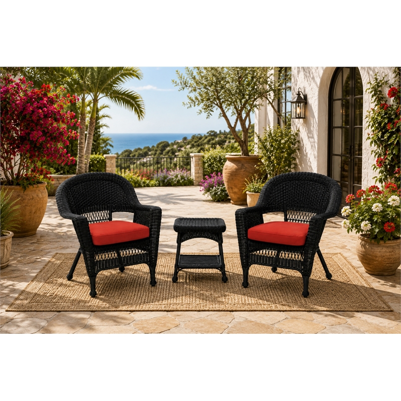 Black Resin Wicker Chair And End Table Set - With Brick Red Cushion