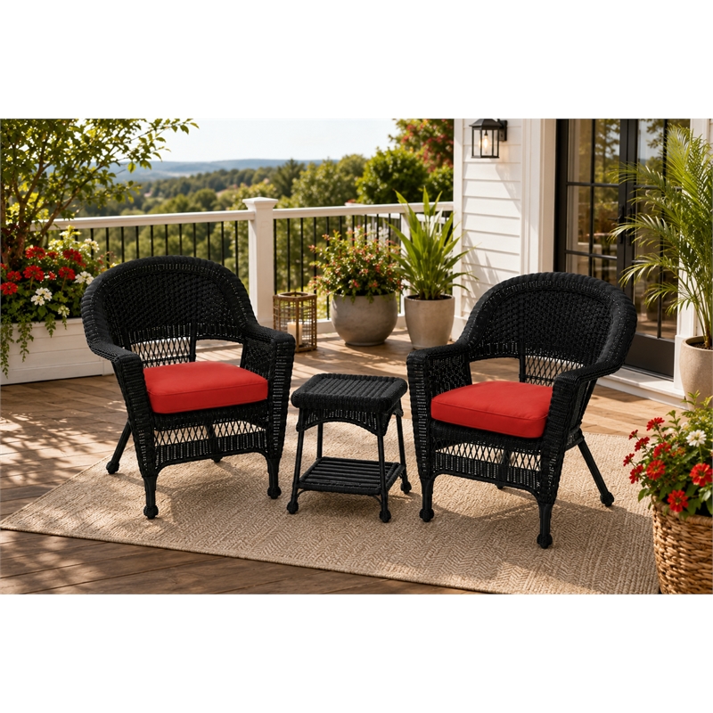 Black Resin Wicker Chair And End Table Set - With Brick Red Cushion