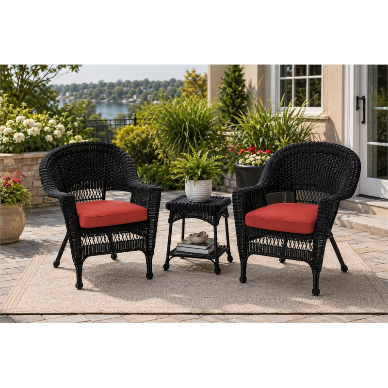 Black Resin Wicker Chair And End Table Set - With Brick Red Cushion
