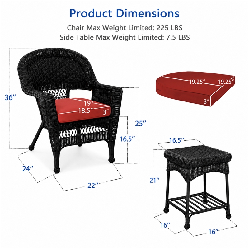 Black Resin Wicker Chair And End Table Set - With Brick Red Cushion