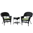 Jeco 3 Piece Wicker Conversation Set in Black with Green Cushions