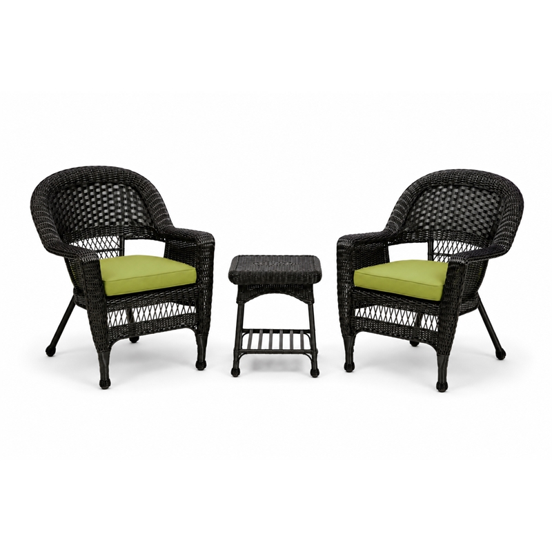 Black Resin Wicker Chair And End Table Set With Sage Green Cushion - 3pc Set